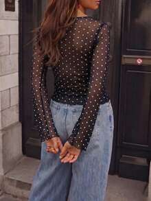Women's Sheer Mesh Polka Dot Long Sleeve Base Layer Top Blouse, Autumn Fun Fashion Bohemian Style - Black - View 5