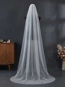 Extra Long Train Rhinestone & Pearl Trim Bridal Veil, Single Layer Soft Tulle, Church Ceremony Wedding Dress Accessory - Multicolor - View 7