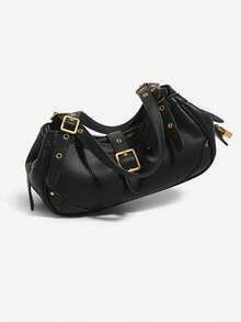 Women's Bohemian Style Shoulder Bag, Litchi Textured Faux Leather, Gold Buckle Rivet, Adjustable Strap, Medium Capacity, Vintage Y2K Style, Autumn/Winter Daily Commute Party - Black - View 6