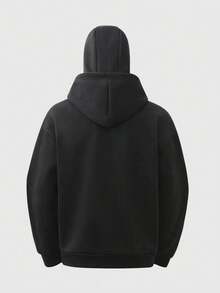 Men Full Zip‑Up Hoodie With Built‑In Face Mask Solid Color Drop‑Shoulder Loose Casual Jacket - Black - View 4