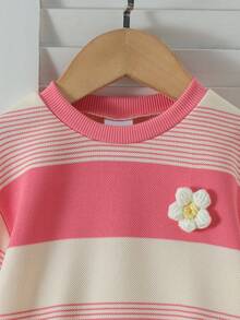 2pcs Baby Girl Sweet Energetic Style 3D Knitted Flower Decor Striped Crew Neck Long Sleeve Sweatshirt & Matching Straight Leg Pants Set, Spring/Autumn - Watermelon Pink - View 5