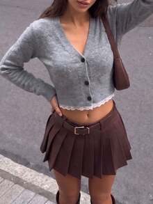 Y2K Hot Girl Fashion Minimalist Commuter Style, Grey V-Neck Cropped Fitted Knit Cardigan With Lace Hem, Versatile Autumn Daily Back-To-School Sweater - Grey - View 2