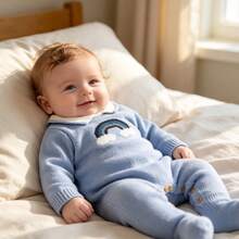 Sky Blue Newborn Sweater, Fashionable Rainbow Jacquard Collar Jumpsuit For Little Gentleman - Blue - View 8
