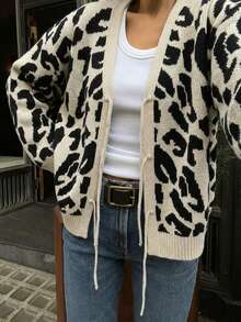 Women's Fashion Leopard Print Cardigan Long Sleeve V-Neck Tie Ribbed Knit Sweater For Look - Apricot - View 8