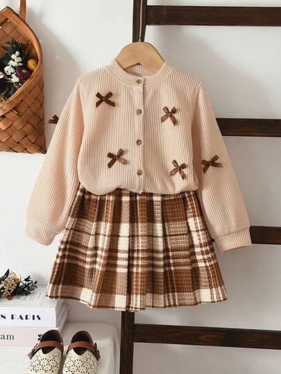 bearleader Girls' Autumn Long Sleeve Cute Bow Knit Sweater Top & Winter Casual Plaid Skirt 2-Piece Outfit
