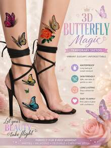 3D Butterfly Temporary Tattoos For Women, Colorful Butterfly & Rose Tattoo Stickers, Waterproof Realistic Body Art For Ankle, Foot, Leg, Parties, Festivals, Vacations & Everyday Style - Multicolor - View 2
