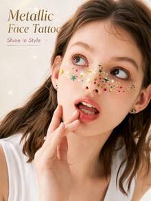 Colorful Metallic Star Face Temporary Tattoos For Women, Gold Foil Rainbow Star & Sparkle Tattoo Stickers, Waterproof Long-Lasting Face & Body Art For Festivals, Concerts, Raves, Parties, Makeup & Holiday Looks - Multicolor - View 4