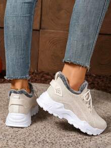 FZY Women's Plush-Lined Knit Platform Sneakers, Warm Winter Lace-Up Platform Shoes, Comfortable Non-Slip Casual Outdoor Daily Shoes, Perfect For Halloween - Apricot - View 3