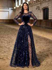 Autumn/Winter Elegant Navy Blue Sequin Leaf Embroidery Patchwork Velvet Sheer Long Sleeve Faux Two Pieces High Slit Formal Maxi Dress, Suitable For Party And Wedding - Royal Blue - View 6