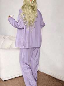 2pcs Women Loose Comfortable Breathable Striped Long Sleeve Pajama Set, Suitable For Loungewear - Dusty Purple - View 8