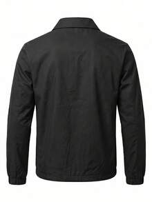 Men's Pure Black Lapel Zipper Jacket, Minimalist Style Elastic Cuff Casual Outerwear, Suitable For Spring And Autumn Daily Wear - Black - View 5