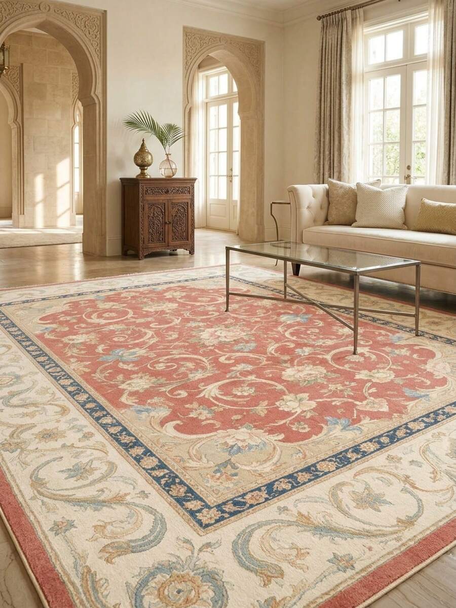1 Buah Karpet Vintage Prancis Motif Gulir Bunga Merah & Biru Coral, Karpet Persegi Panjang Gaya Romantis Istana dari Bahan Kasmir Imitasi dengan Desain Gulir Penuh dan Detail Pinggiran Berlapis yang Indah, Dapat Dicuci dengan Mesin, Cocok untuk Ruang Tamu/Kamar Tidur/Dekorasi Rumah Elegan Romantis Prancis - MultiWarna - View 1