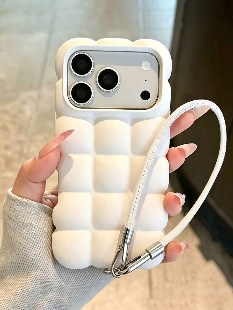 Phone Case - Creative Cute Cream Color 3D Cloud Design Phone Case, Compatible With Apple 18 Pro Max 17 Pro Max 17 16 Pro Max 16 Pro 16 15 Pro Max 15 Pro 14 Pro Max, With Anti-Loss Lanyard Wrist Strap, Simple Cute Matte Shockproof Bumper Shell - White - View 1