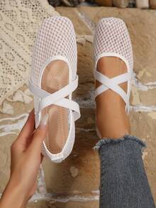 Women's White Square Toe Hollow Mesh Mary Jane Shoes, Low Vamp Breathable Cross Strap Gentle Style Flat Ballet Shoes - White - View 6