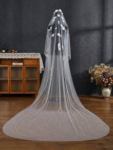 3D Floral Pearl Bridal Veil, Mid-Length Soft Mesh Veil With Hair Comb, Suitable For Outdoor Weddings. - Multicolor - View 6