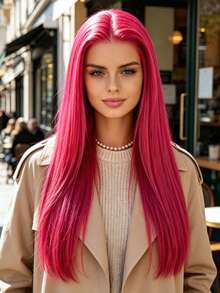 SALLYWELL 13x4 Lace Front Wig For Women, Shiny Pink Straight Synthetic Hair, 24 Inch Pre-Plucked Natural Hairline Breathable Wig Cap, Suitable For Party, Cosplay And Daily Wear - Hot Pink - View 3
