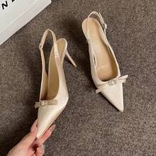 Women's Satin Pointed Toe Slingback Stiletto High Heels, Bow & Rhinestone Decor Backless Pumps, Elegant Party Wedding Shoes - Champagne - View 10