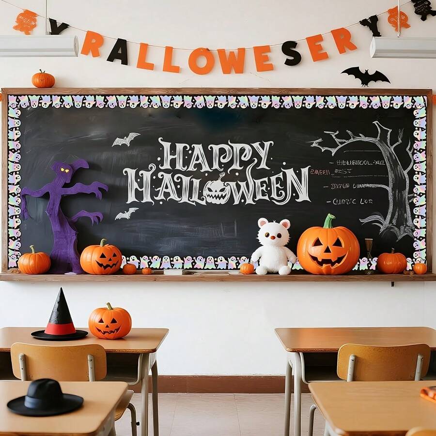 2pcs Halloween Holographic Ghost Self-Adhesive Bulletin Board Border, Door & Window Decorative Stickers - View 1