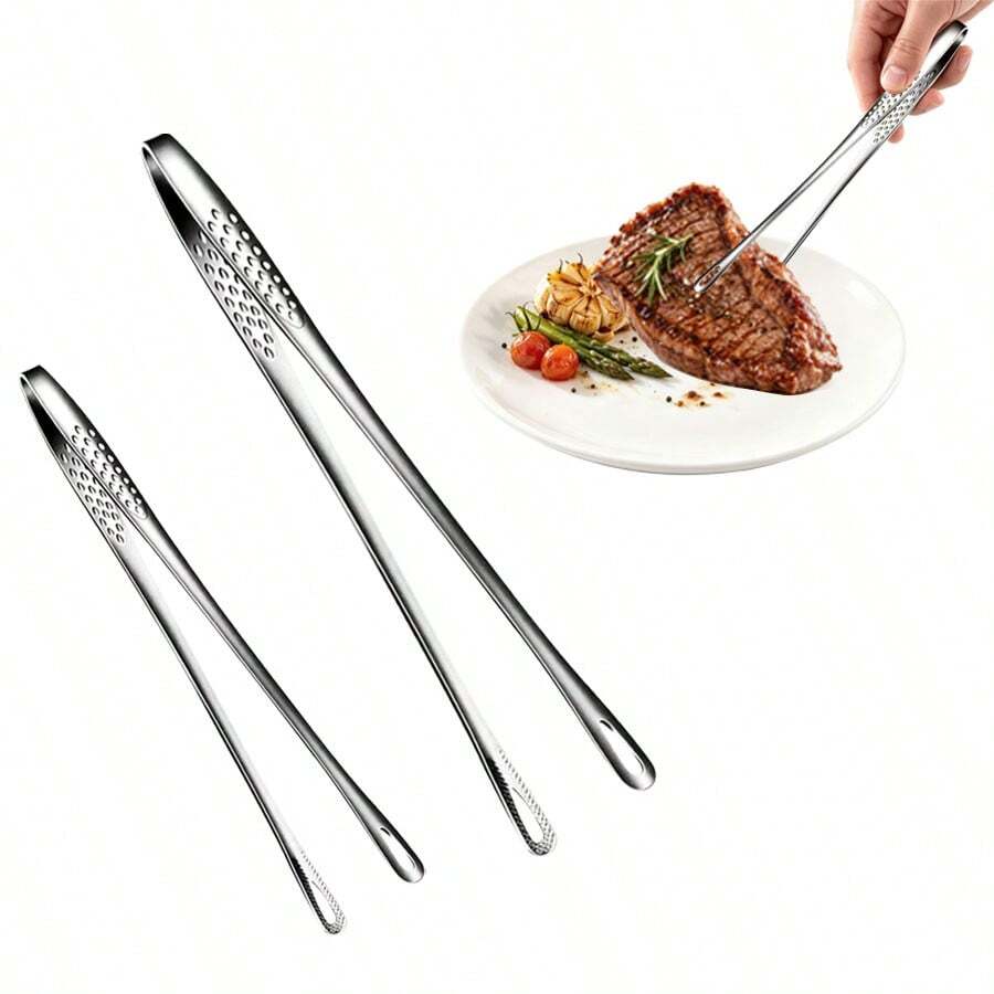 1pc Stainless Steel Food Tongs, Steak BBQ Food Gripper, Cake Dessert Tongs, Suitable For Cooking, Serving, Grilling, Salad, Essential Kitchen Tool For Home - Silver - View 1