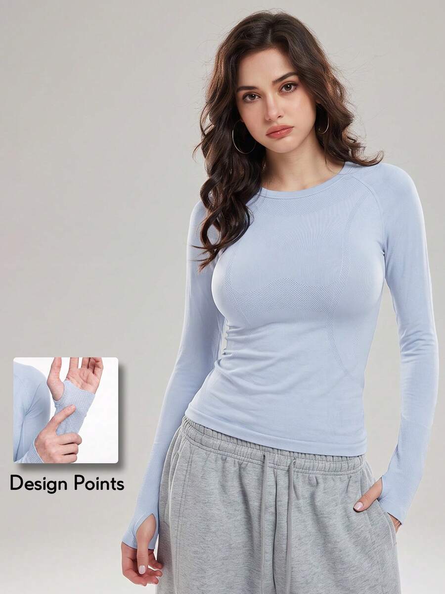 KyrLssu Women's Round Neck Seamless Long Sleeve Top, Solid Color Raglan Sleeve Slim Fit Cropped T-Shirt, Suitable For Daily Wear