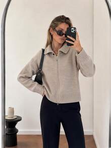 Wixra Women Stand Collar Full Zip‑Up Knit Jacket Drop Shoulder Long Sleeve Loose Short Knit Cardigan - Apricot - View 1