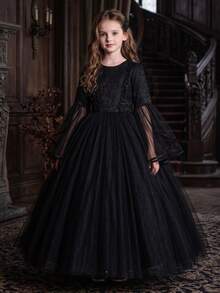 Tween Girls Black Long Sleeve Lace Performance Dress, Puffy Birthday Party Long Princess Gown, Tulle Skirt - Black - View 7