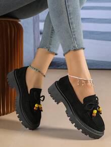 Contrast Color Wooden Bead Bowknot Lace-Up Suede Solid Color Retro Loafers Thick Platform Serrated Sole Slip-On Wedge Heel Shoes Fashion Versatile - Black - View 1