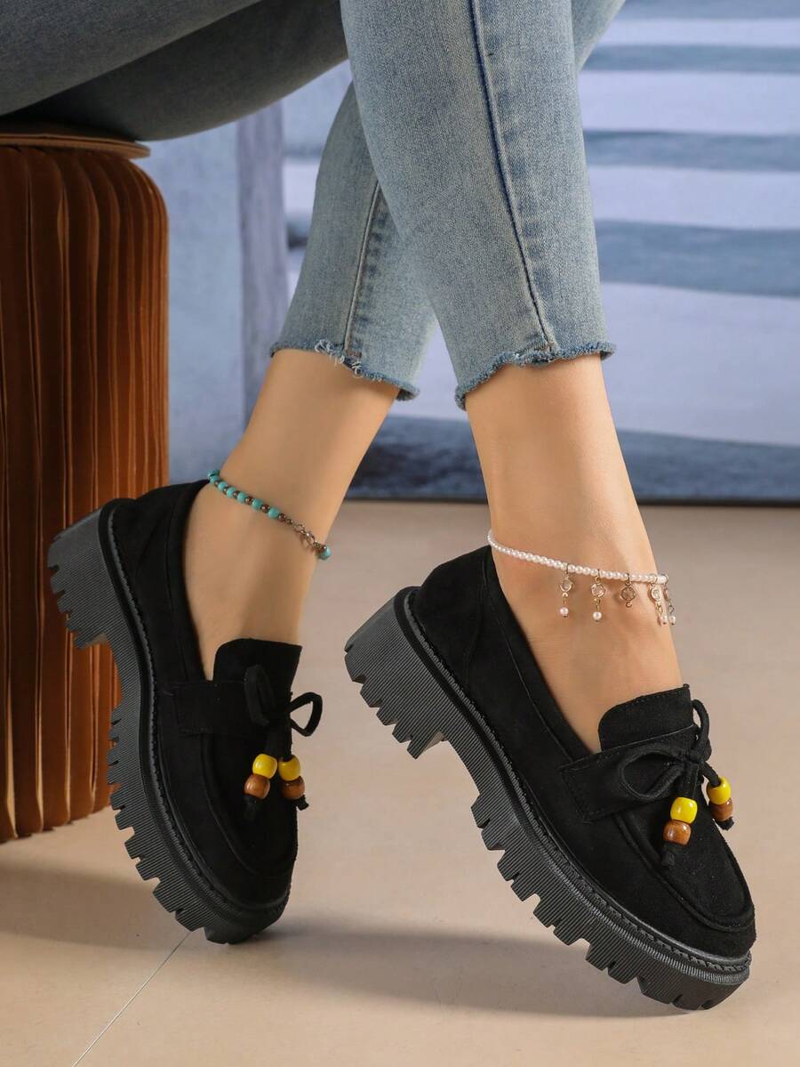 Contrast Color Wooden Bead Bowknot Lace-Up Suede Solid Color Retro Loafers Thick Platform Serrated Sole Slip-On Wedge Heel Shoes Fashion Versatile - Black - View 1