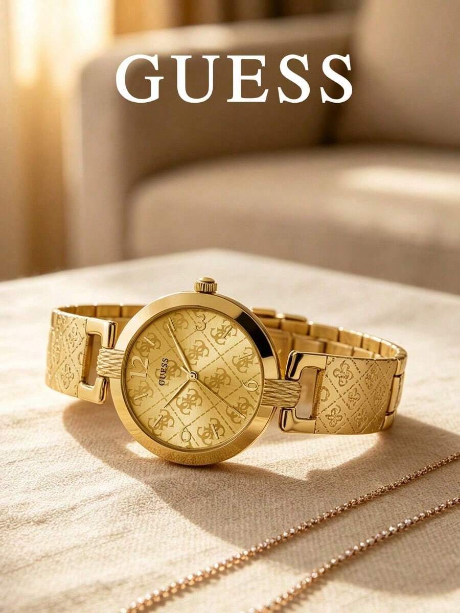 Guess Women's Luxury Letter Print Quartz Watch, All Gold Round Case, Champagne Dial With Embossed Logo Pattern, Decorative Chain Metal Strap, Elegant Daily Wristwatch - one-size - View 1