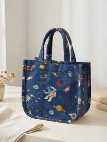 1pc Astronaut Print Corduroy Tote Bag, Snap Button Closure Cute Handbag, Reusable Lunch Tote Bag For Student School Daily Outdoor Shopping Use - Multicolor - View 11