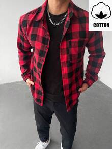 WAIT HIM Men's Casual Patchwork Plaid Long Sleeve Shirt, Christmas Gift - Red and Black - View 2