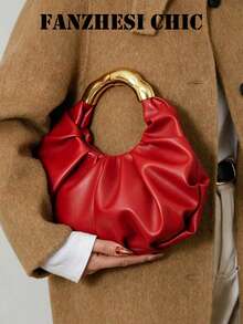 Women's Ruched Texture Vintage Gold Ring Handle Open Top Handbag, Lightweight Luxury Relaxed Style Niche Small Tote Bag For Dating And Outings, High-End Asymmetrical Handheld Bag - Red - View 11