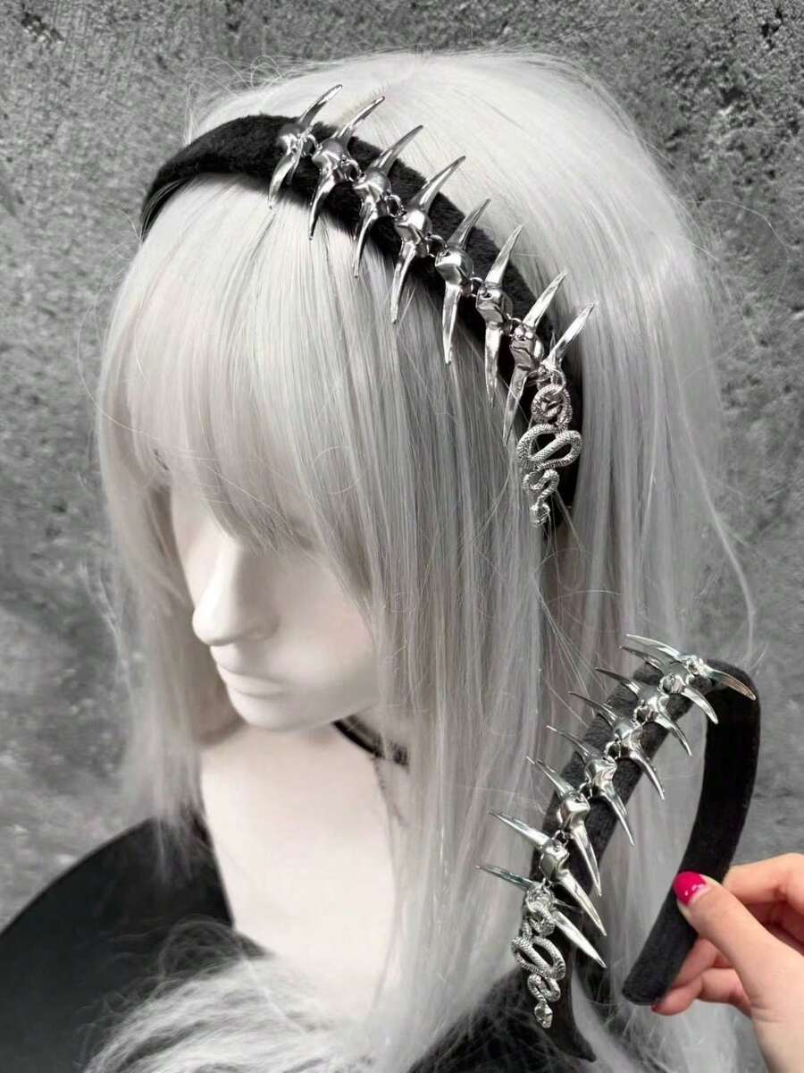 1pc Punk Black Metal Snake Bone Headband, Gothic Style Hair Hoop, Y2K Hair Accessory, Fashion Versatile Hair Band Headpiece Makeup - Silver - View 1