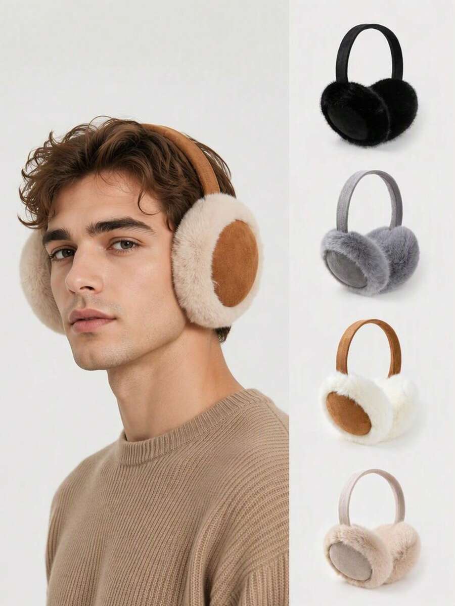 1pc Men's Faux Suede Fleece Ear Muffs, Versatile And Warm For Winter - Solid Color - View 1