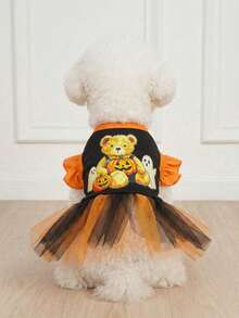 LUCKIE PAL 1pc Halloween Pumpkin Bear Pet Mesh Dress With Bow, Ruffle Sleeves, Cute Fairy Ballet Style Tutu Dress For Cats And Dogs - Multicolor - View 5