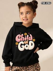 Girls Letter Floral Print Hoodie Casual Long Sleeve Loose Pullover Sweatshirt - Black - View 1