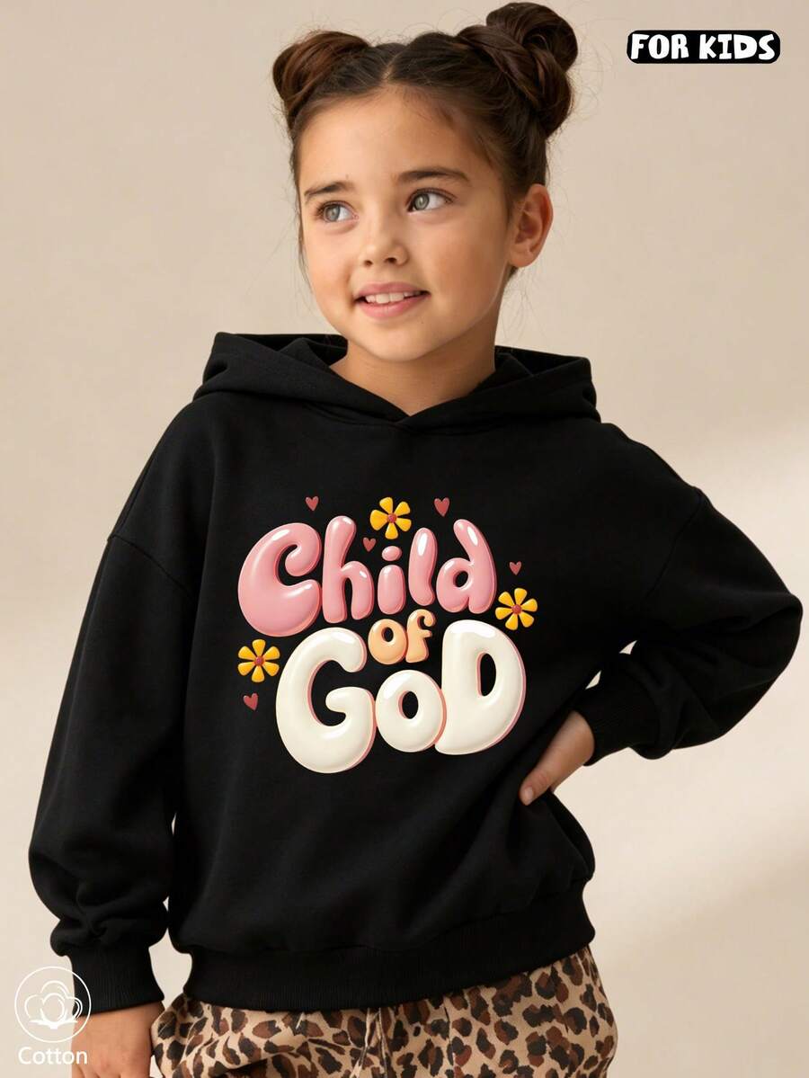 Girls Letter Floral Print Hoodie Casual Long Sleeve Loose Pullover Sweatshirt - Black - View 1