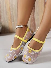 Women's Yellow Strap Mary Jane Ballet Flats, Square Toe With Buckle Decor, Casual Shoes - Yellow - View 2