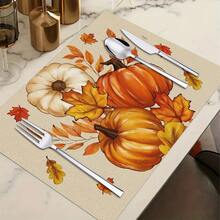 1/4/6pcs Autumn Series Beige Realistic Pumpkin White Flower & Autumn Leaf Pattern Printed Placemats, Heat-Resistant Table Mats For Home Kitchen/Dining Table Protection, Party Scene Decor - Multicolor - View 12