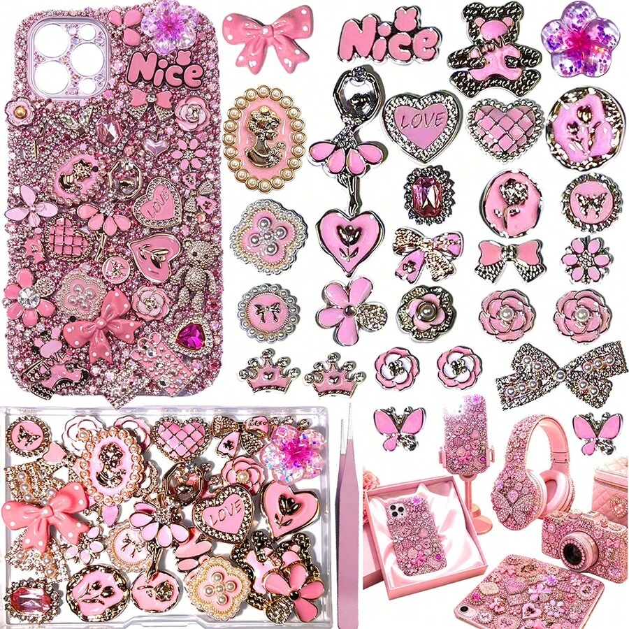 Junk Case Large Charm Kit Soft Cute Romantic Phone Case Charms With Pink Dancer, Pearl Rhinestone Bow, 3D Love Bear, Butterflies, Flowers & Crown, DIY Craft Set For Girls & Social Media - Pink - View 1