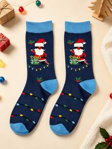 1 Pair Men's Mid-Calf Socks, Navy Blue Cool Fashion Glasses Santa Claus Fun Socks, Autumn/Winter Christmas Halloween Holiday Colorful Lights Gift Box Holly Pattern Socks, Warm Breathable Festive Atmosphere Men's Autumn/Winter Long Socks, Christmas Halloween Party Gathering Daily Commute Winter Outfit, Creative Holiday Gift For Men, Women, Couples - Multicolor - View 9