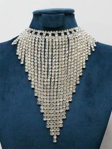 Elegant Rhinestone Tassel Necklace, Shiny Multi-Layer Triangle Necklace, Long Wedding Banquet Jewelry For Women - Silver - View 2