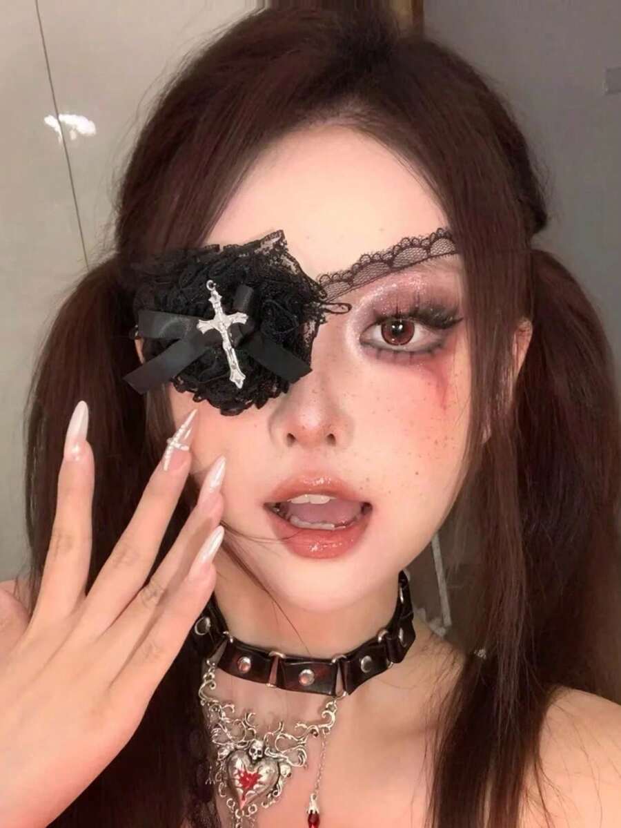 1pc Women's Vintage Punk Style Heart Lace-Up Eye Mask, Gothic Lolita Cosplay Decorative Lace Leg Chain Accessory - Multicolor - View 1