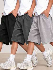 3pcs Tween Boys Loose Fit Mid-Thigh Length Casual Versatile Shorts - Black - View 11