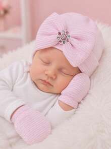 1 Set Newborn Baby Girl Striped Rhinestone Bow Hat + Anti-Scratch Mittens Set, Soft Elastic Breathable Warm Baby Accessories, Suitable For 0-3 Months, Perfect For Daily Wear, Photo Shoots And Parties - 1Set - View 6