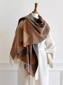 1pc Paisley Square Jacquard Tasseled Thick Scarf 65*195cm, Polyester Core‑Spun Yarn, Fall Winter Shawl For Travel Party Outing, Wear As Scarf Shawl - Multicolor - View 6