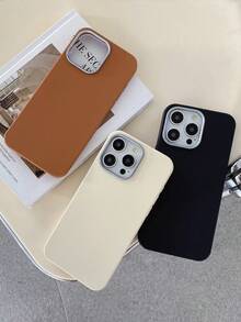 1pc 4-Color Optional Solid Color Lychee Texture Faux Leather Large Window Phone Case, Ins Premium Minimalist Business Solid Color Leather Texture, A Classic Black / B Beige White / C Premium Gray / D Caramel Brown, Faux Leather Matte Lens Raised Full Coverage Anti-Drop Soft Shell, Autumn/Winter Commute Versatile, Suitable For Personal Use And Gift; Compatible With IPhone Case & Galaxy Case, Compatible With IPhone 17 - Multicolor - View 6