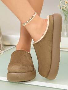 Sepatu bakiak musim dingin wanita model mule tanpa bagian belakang berbahan suede imitasi warna polos dengan lapisan bulu lembut. - Khaki - View 4