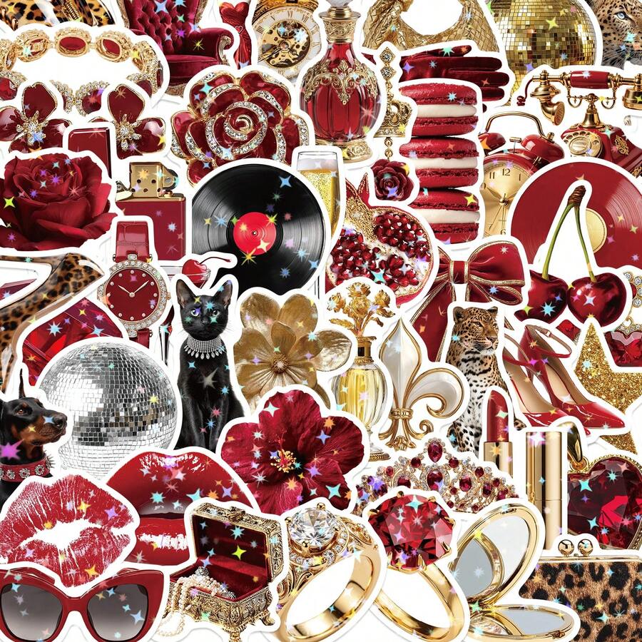 50PCS Golden Millennium Shining Star Membrane Creativity Graffiti Stickers DIY Decorative Journal Phone Case Computer Desk Helmet Guitar Travel Gift - 1 Set/50 PCS - View 1