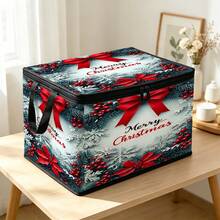 1PC Christmas Storage Box, Bow & Wreath & Christmas Ornament Print Fabric Storage Box With Zipper And Handle, Holiday Decoration Organizer, Suitable For Home Closet Bedroom, 2 Pattern Options - Multi-color - View 9